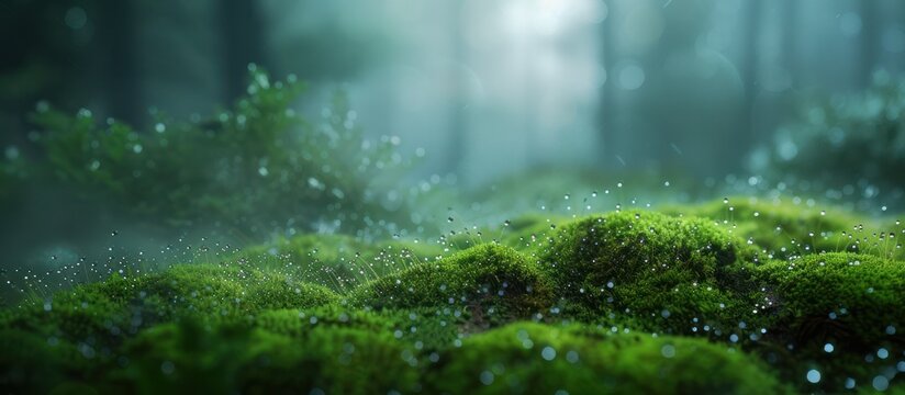 The lush green moss is like a soft carpet in the forest. The sunlight shines through the forest canopy, creating a magical atmosphere.