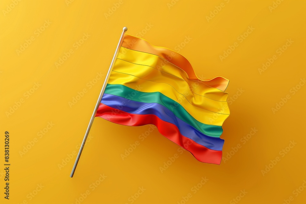 Poster rainbow flag on a yellow background symbolizing pride and unity with vibrant colors and a striking m
