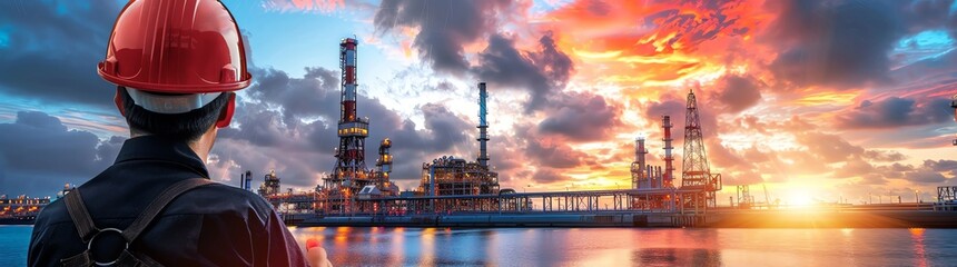 Naklejka premium Oil and gas worker wearing a red helmet holding an oil industry man in front of the background, a large industrial city with a huge petrochemical plant on the seaside during a suns