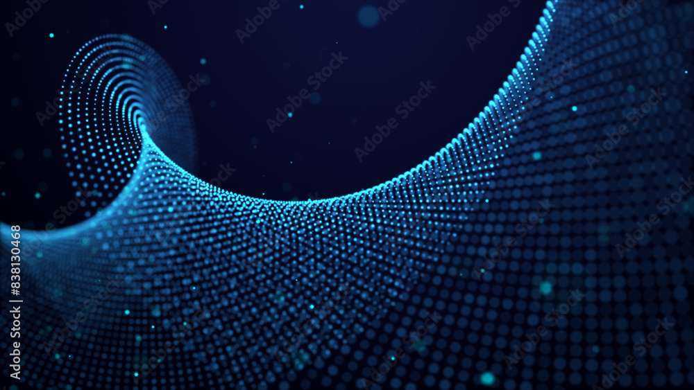 Poster a wave of blue particles. big data. abstract dynamic background. 3d rendering.