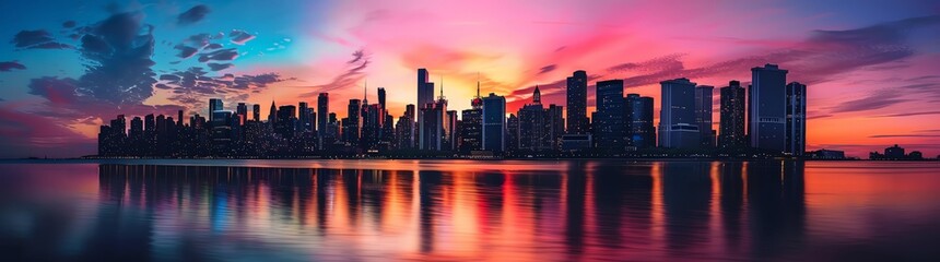 Fototapeta premium panoramic photo of silhouette city skyline at colorful sunset view