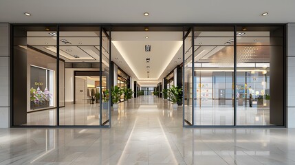 Fototapeta premium In the mall, glass doors and windows with metal frames in an open space leading to the shopping center entrance. in the style of an open space leading to the shopping center entrance gate design.