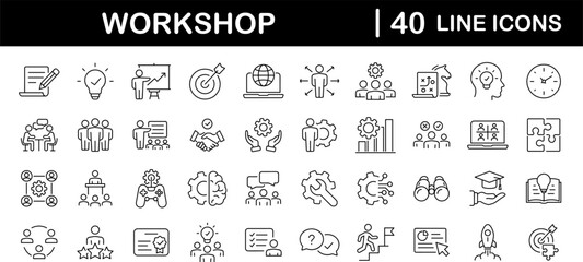 Workshop set of web icons in line style. Business Workshop icons for web and mobile app. Containing team building, teamwork, coaching, meeting, managing, coaching, motivation and more
