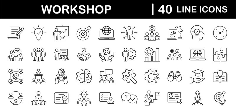 Workshop set of web icons in line style. Business Workshop icons for web and mobile app. Containing team building, teamwork, coaching, meeting, managing, coaching, motivation and more