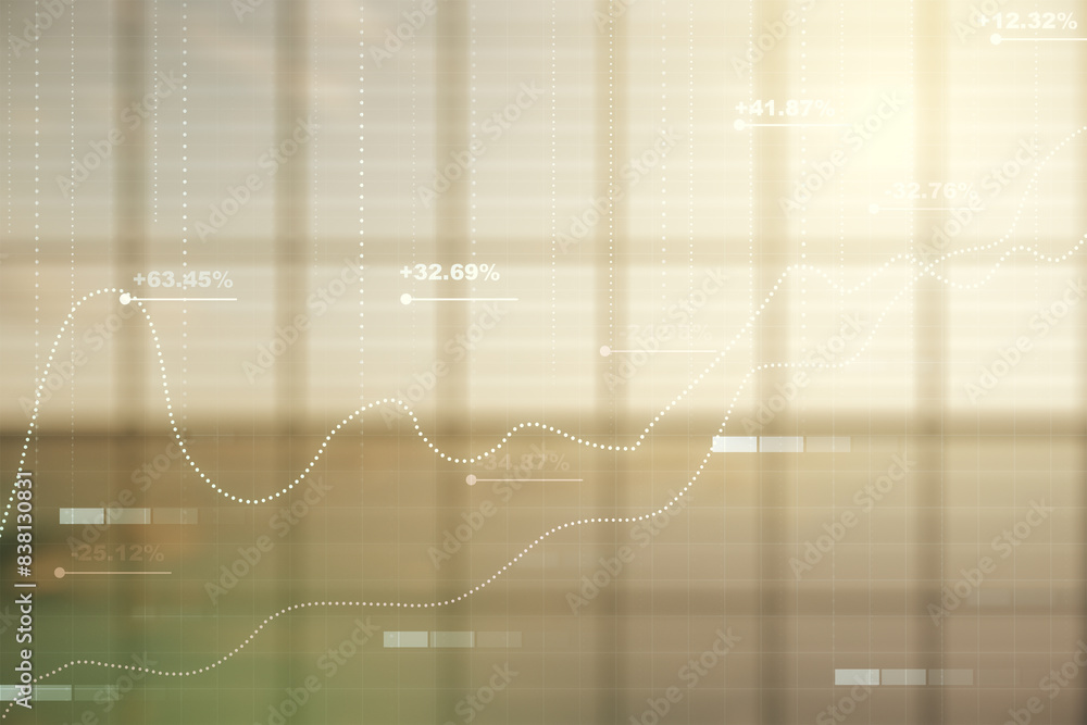 Poster multi exposure of abstract statistics data hologram interface on abstract empty interior background,