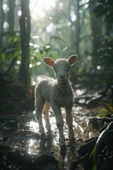 Obraz premium Adorable Lamb Standing in Sunlit Forest Stream Surrounded by Lush Greenery and Tall Trees with Sunlight Filtering Through the Canopy Creating a Serene and Peaceful Ambience