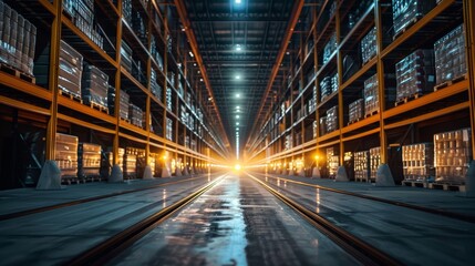 Obraz premium Industrial Warehouse with Rows of Storage Shelves and a Railway Track in the Middle