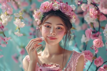 Obraz premium Digital portrait of an elegant woman holding flower petals, surrounded by blooming branches