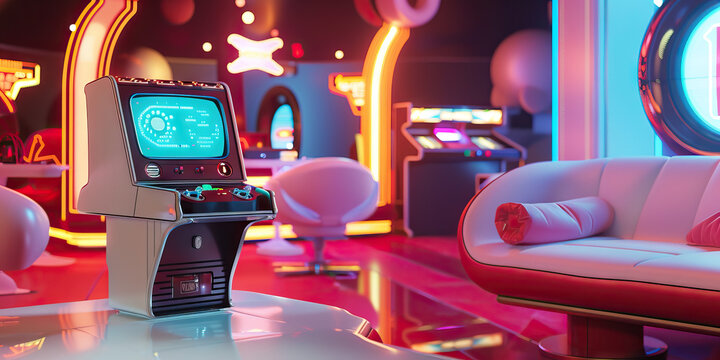 The Candy-Coated Dreams of Retro Futurism: A nostalgic vision of neon signs, space-age furniture, and a vintage video game console