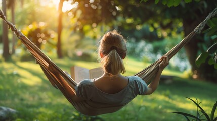 Woman relaxing in hammock with book, enjoying the sun.