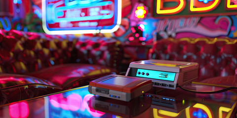 The Candy-Coated Dreams of Retro Futurism: A nostalgic vision of neon signs, space-age furniture, and a vintage video game console