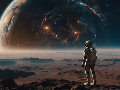 A curious explorer encounters a mysterious artificial intelligence while traveling through space. Interaction between traveler and artificial intelligence.