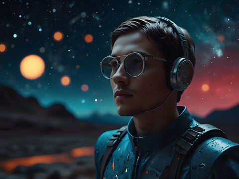 A curious explorer encounters a mysterious artificial intelligence while traveling through space. Interaction between traveler and artificial intelligence.