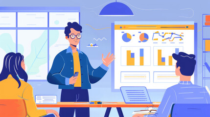 An illustration of a businessman presenting data analysis charts to two colleagues