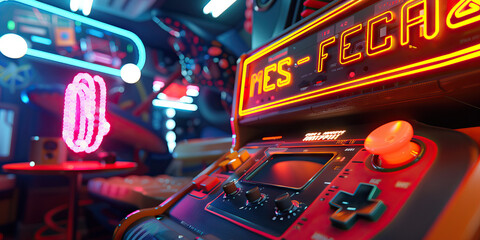 The Candy-Coated Dreams of Retro Futurism: A nostalgic vision of neon signs, space-age furniture, and a vintage video game console