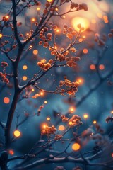 Vivid winter evening landscape featuring glowing orange bokeh lights intertwined with snow-covered branches under a twilight sky, creating a magical serene ambianceWinter