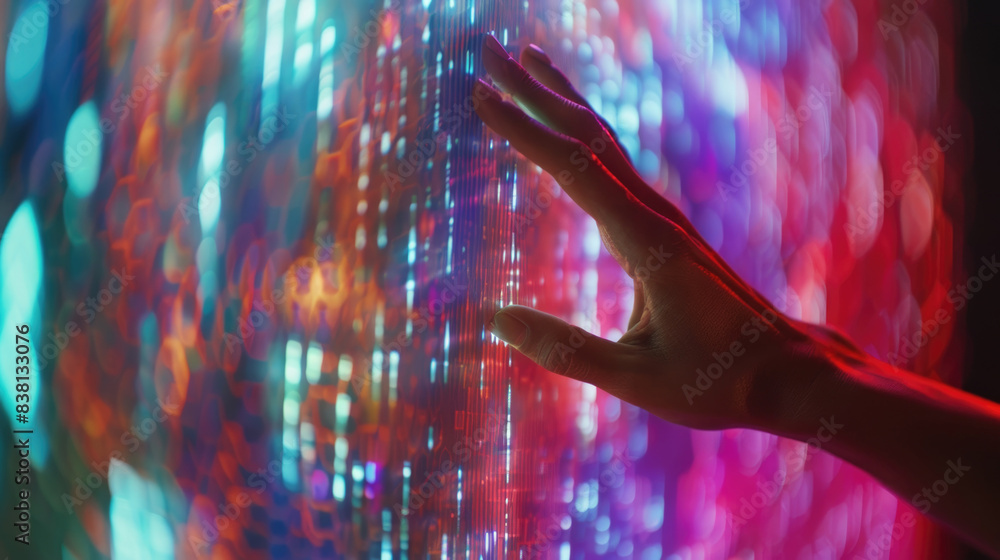 Poster a hand reaches out to touch a wall of colorful lights, creating an abstract and futuristic image