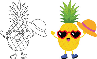 Cute kawaii funny pineapple cartoon character coloring page for kids. Tropical fruit outline doodle colouring page isolated on white background. Summer coloring book for kids