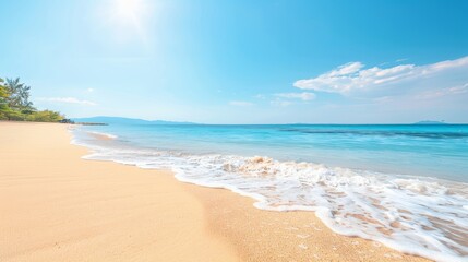 Obraz premium Tranquil Tropical Beach Scene with Crystal Clear Water, Golden Sand, and Sunny Blue Skies