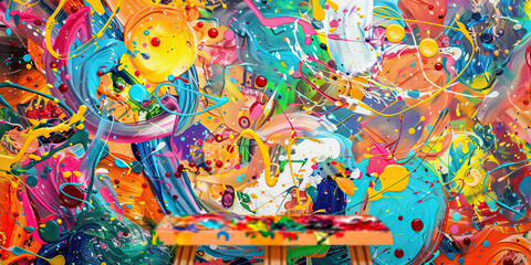 Fototapeta premium The Vibrant Canvas of Abstract Expressionism: A chaotic masterpiece of bright colors, swirls, and splatters, framed by an easel and a palette