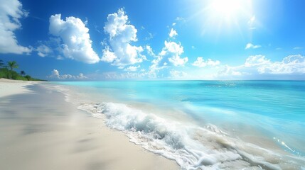 Tranquil Beach Scene with Crystal Clear Water and Fluffy White Clouds under a Bright Blue Sky, Perfect for Summer Vacation or Relaxation Themes.