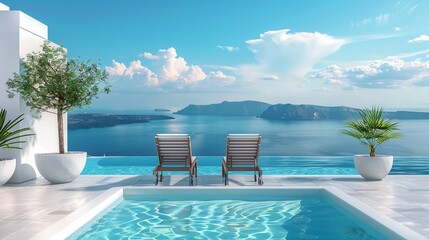 Fototapeta premium Two lounge chairs at the pool, overlooking the breathtaking view of the sea. Classic white Mediterranean building design. Idea of a summer vacation, Generative AI.