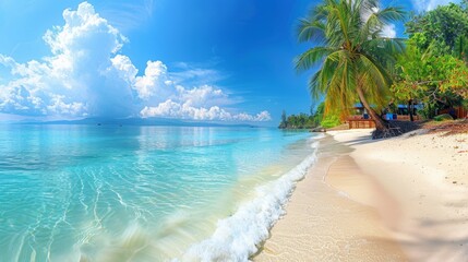 Naklejka premium Tranquil Tropical Beach Paradise with Crystal Clear Water, Lush Palm Trees and White Sand