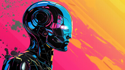 Pop art robot concept. Colorful background in pop art retro comic style. Copy paste area for text