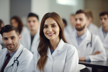 Fototapeta premium Smiling Medical Students Are In A Classroom, Wearing Medical Uniform, Generative AI. 