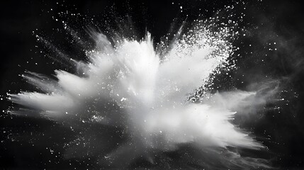 White powder explosion, pure black background, high contrast, cool tones, highlights and shadows intertwined.