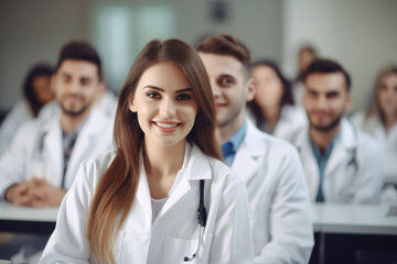 Fototapeta premium Smiling Medical Students Are In A Classroom, Wearing Medical Uniform, Generative AI. 