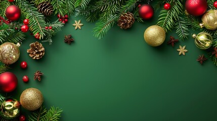 Festive Christmas Border With Green Background and Gold and Red Ornaments