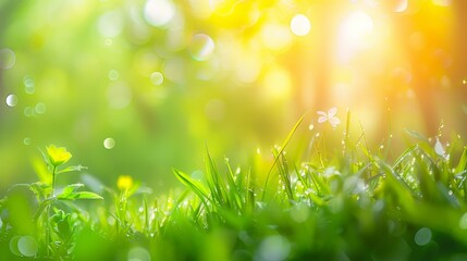 Obraz premium A close-up of green grass blades, glistening with dew drops, in the soft, golden light of the rising sun.