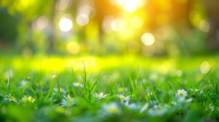 A close-up view of white flowers blooming in a field of lush green grass with a blurred background of bokeh circles and warm sunlight - Powered by Adobe