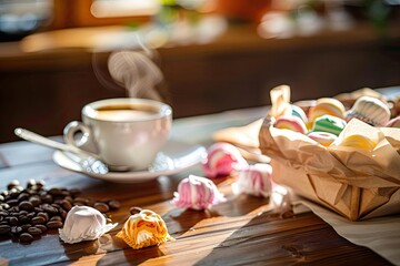 Fototapeta premium Cozy coffee setup with a steaming cup, colorful macarons, and coffee beans on a sunlit wooden table, evoking a warm and inviting atmosphere.