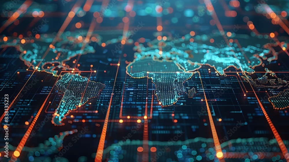 Poster tech world map, computing global network, artificial intelligence connectivity