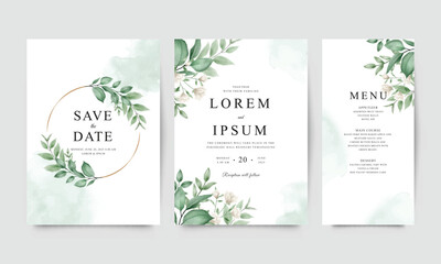 Set of beautiful wedding invitation templates with green leaves and flowers © siti