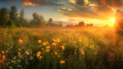 Obraz premium A field of wildflowers bathed in the warm glow of a golden sunset, with a bright sun shining through the clouds and illuminating the landscape