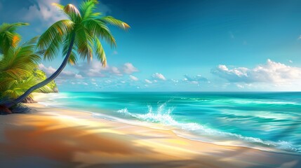 Fototapeta premium Palm tree leaning over a white sand beach with turquoise water and a blue sky with white clouds on a tropical island