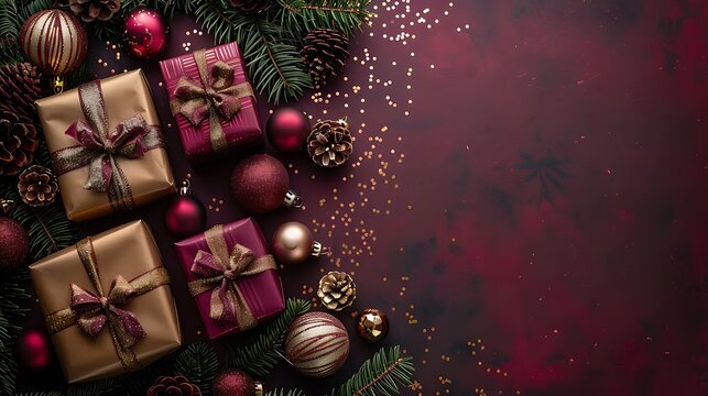 Stylish Christmas setup on a deep plum backdrop, featuring luxurious gold and burgundy wrapped gift boxes, rich green fir branches, and plum and gold Christmas ball ornaments.