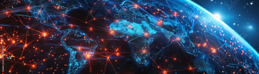 Poster tech world map, computing global network, artificial intelligence connectivity