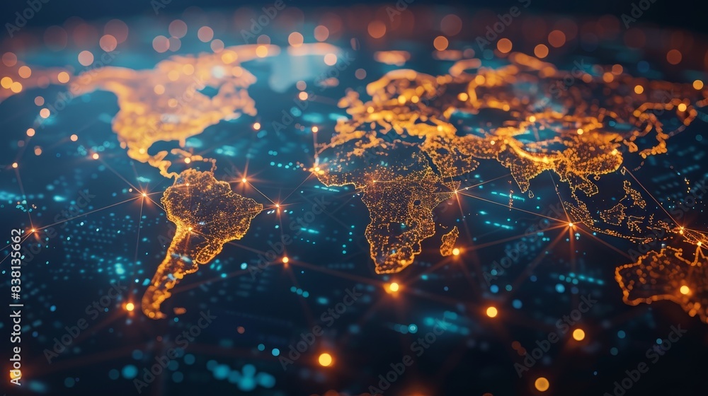 Poster tech world map, computing global network, artificial intelligence connectivity
