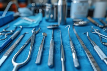 Selective focus shot showing dental tools on a blue fabric backdrop, emphasizing particular dental instruments