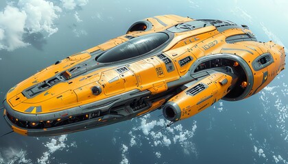 Futuristic spaceship with yellow and grey design flying above clouds