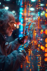 Futuristic Elderly Man with Cybernetic Hands Engaging in Advanced Technology Interface Surrounded by Colorful Digital Lights in Sci-fi EnvironmentElderly man