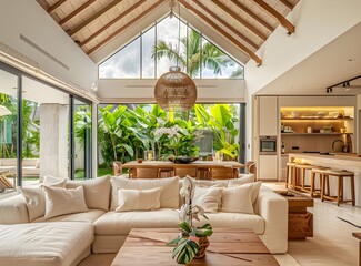 Fototapeta premium Modern living room with a white sofa and wooden table in a luxury house