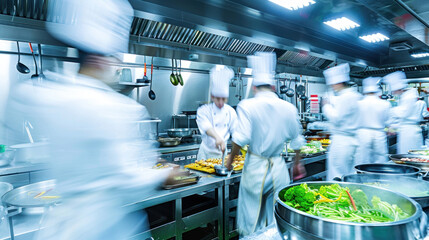 Obraz premium Team of chefs in professional kitchen, motion blur. Stressful physical job concept