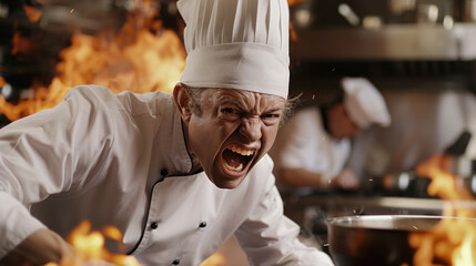 Angry chef yelling at his colleagues. Heavy stress, work against the clock