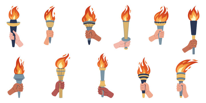 Hand holding a torch. Sport symbol, flat vector illustration design. Torch, Flame. Vector isolated burning torches flames in hands.