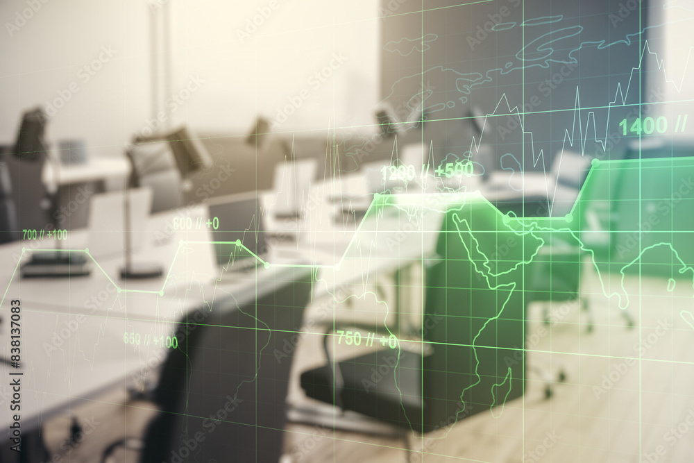 Poster multi exposure of stats data illustration on a modern furnished office background, computing and ana